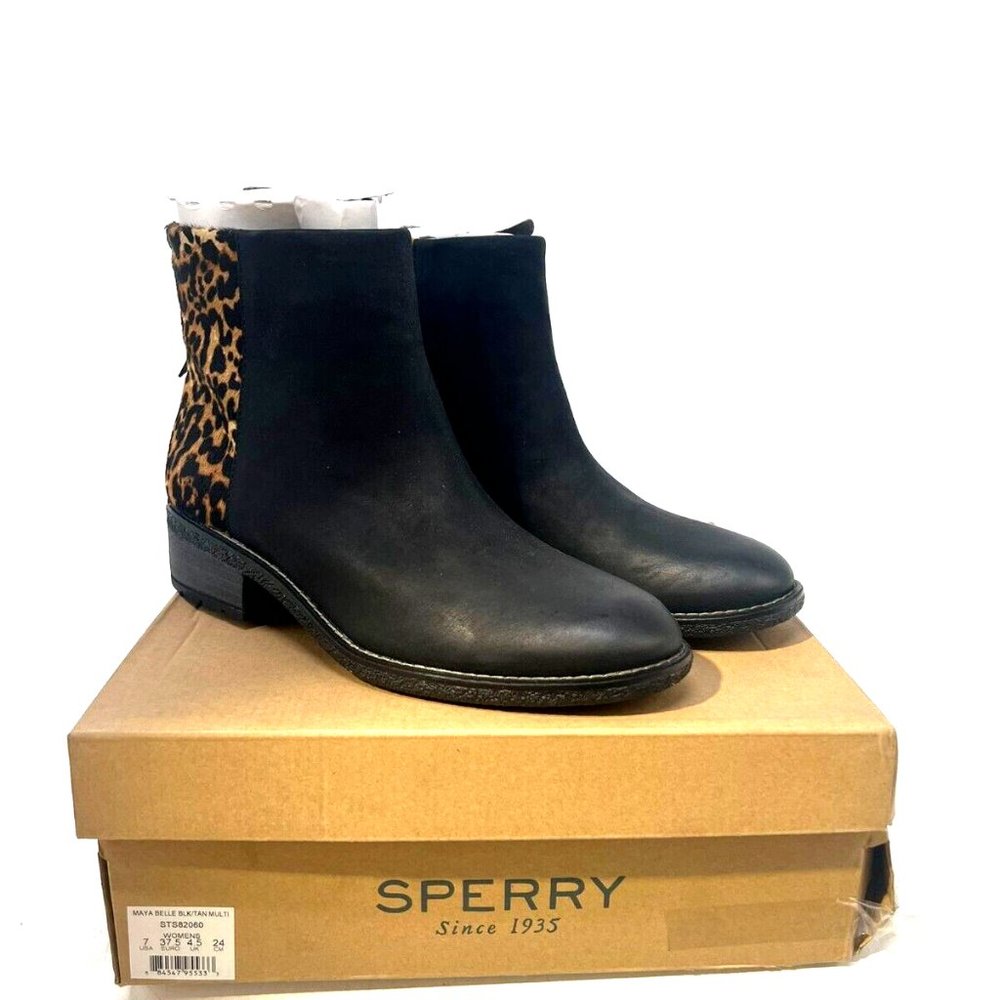NWT SPERRY MAYA BELLE LEATHER & PONY HAIR ANKLE BOOTS BLACK/TAN MULTI 7M